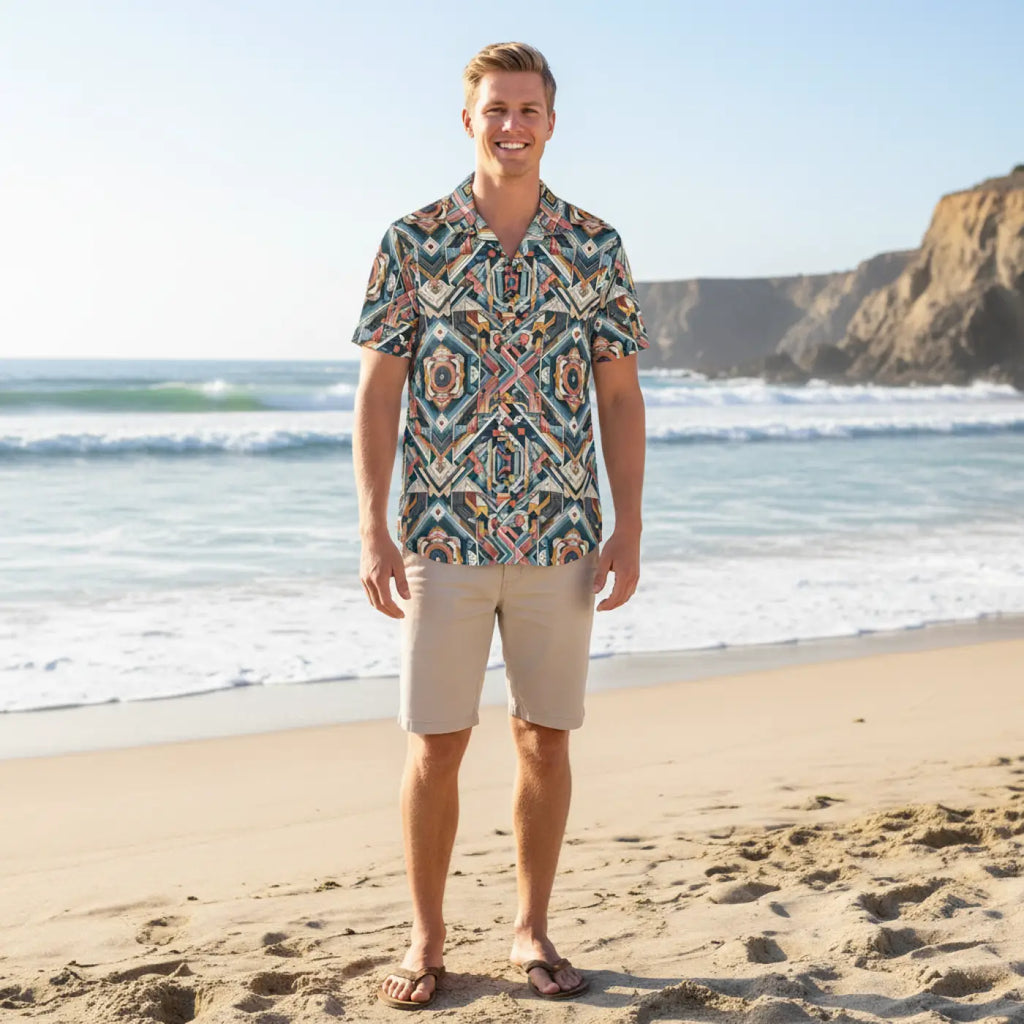 Geometric Hawaiian Camp Shirt – Linen Look - Dipaliz