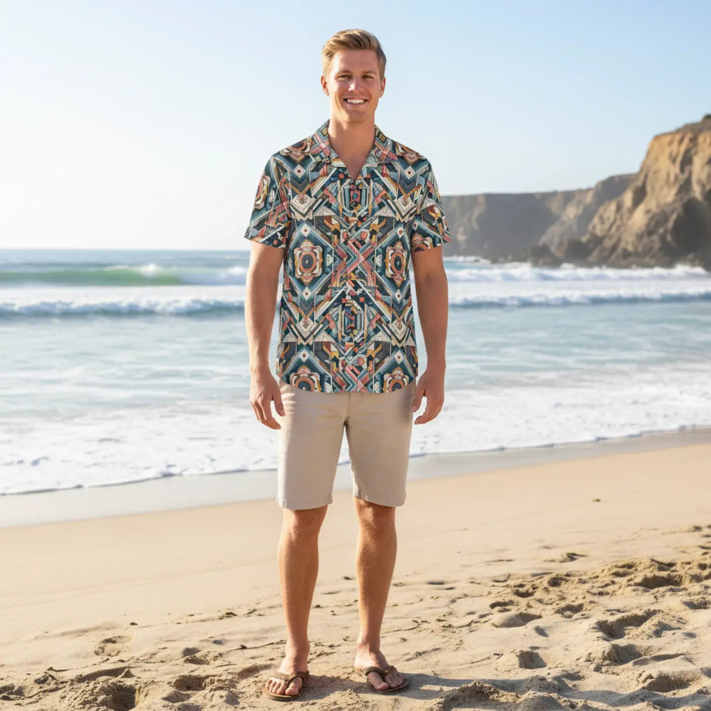 Geometric Hawaiian Camp Shirt – Linen Look - Dipaliz
