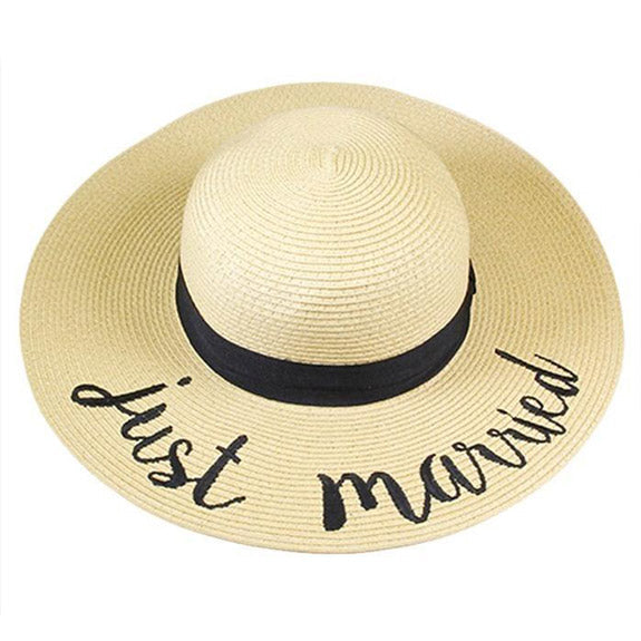 Just Married Embroidery Straw Floppy Sun Hat Bride Beach Hat