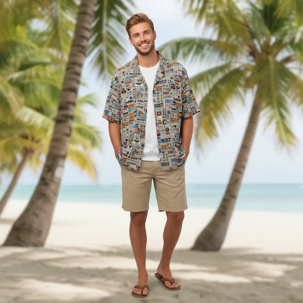 Newspaper Pattern Hawaiian Camp Shirt – Linen Texture - Dipaliz