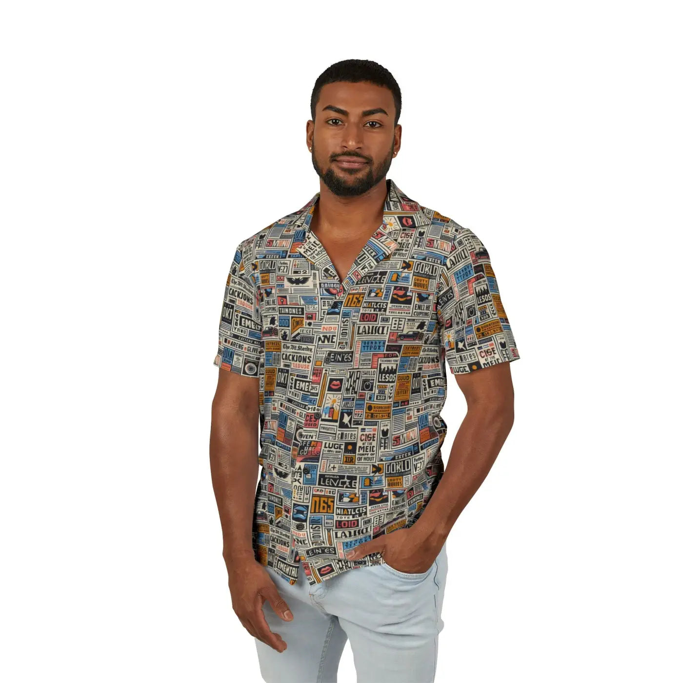 Newspaper Pattern Hawaiian Camp Shirt – Linen Texture - Dipaliz
