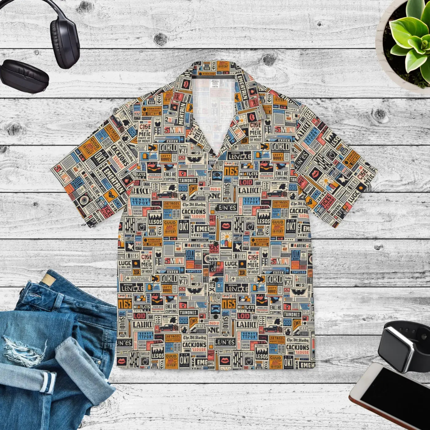 Newspaper Pattern Hawaiian Camp Shirt – Linen Texture - Dipaliz